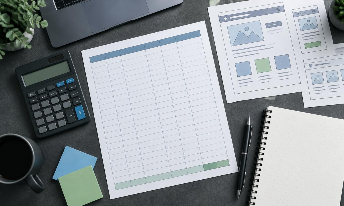 Planificación del presupuesto de una página web con calculadora y bocetos